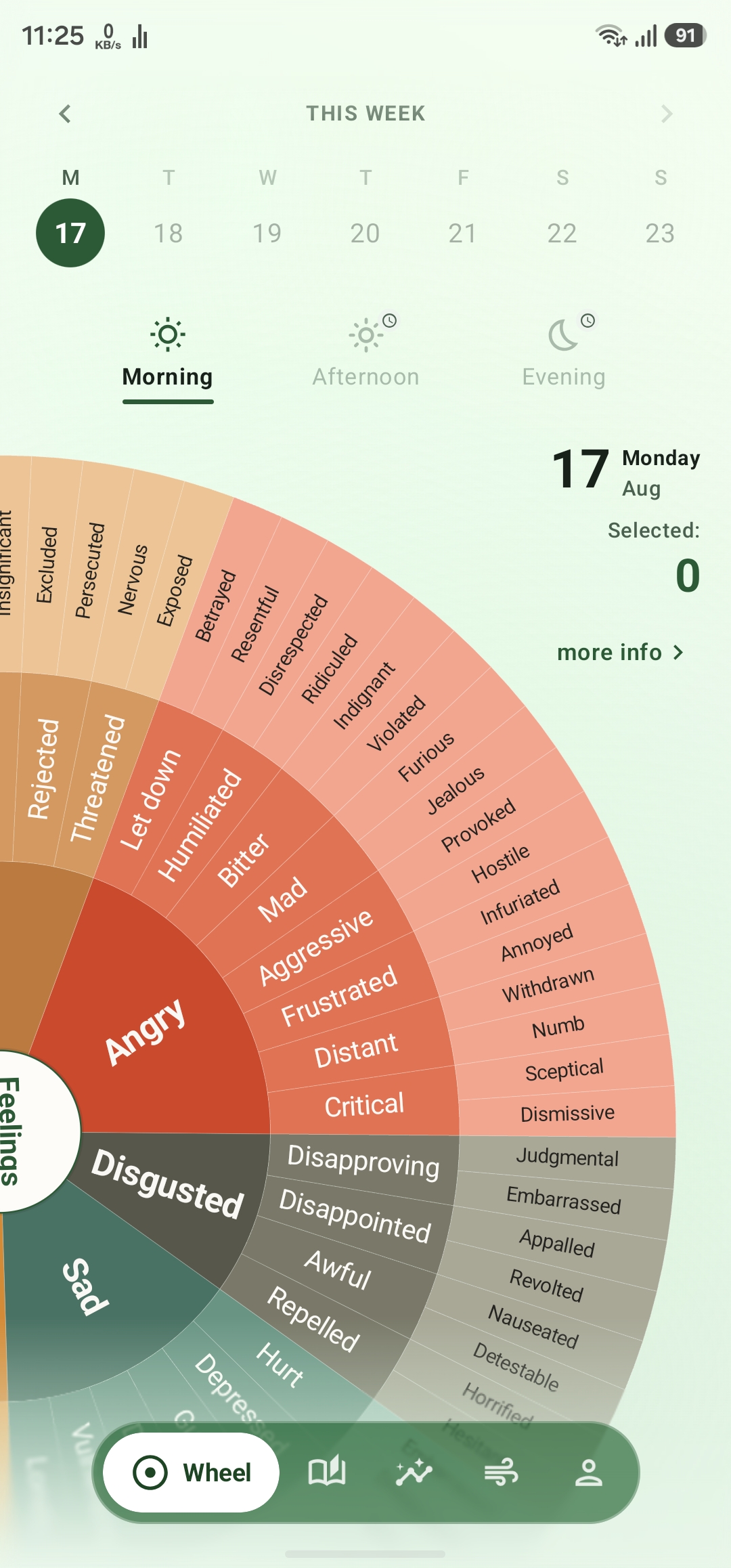 Feelings Wheel app showing the emotion wheel, week strip, and tab bar.